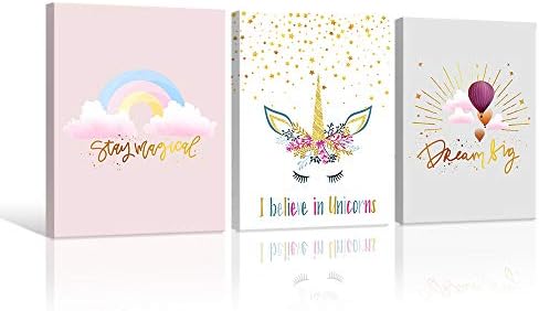 Unicorn Wall Art Girls Bedroom Decor Rainbow Pink Kids Canvas Prints Motivational Colorful Hot Air Balloon Cartoon Unicorns Framed Pictures for Teen Girl Women Nursery Bathroom Decor 12"x16"x3 pcs