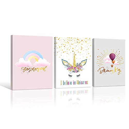 Unicorn Wall Art Girls Bedroom Decor Rainbow Pink Kids Canvas Prints Motivational Colorful Hot Air Balloon Cartoon Unicorns Framed Pictures For Teen Girl Women Nursery Bathroom Decor 12"X16"X3 Pcs #TOP2
