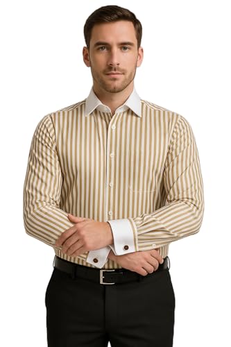 Image of Men's Premium Cotton Formal Dress Shirt - White Collar & French Cuffs with Cufflinks | Solid White, Micro Check & Striped for Office, Wedding