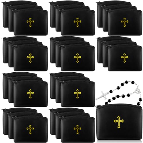 Shinylin 30 Pcs Rosary Pouches with Zipper Catholic Rosary Cases 4 x 3 Inches PU Leather Rosary Holder with Gold Cross Imprint (Black)