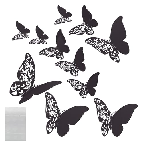 MultiValue 3D Schmetterlinge Deko, 12 Stück Schmetterling Wanddeko mit Kleber 3 Größe 3D Schmetterling Gartendekoration Wand Deko für Hochzeit Party Balkon Wand (12, Schwarz)