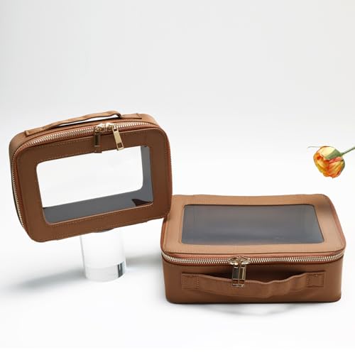 SANHECUN Cosmetic Case with Zipper TSA Approved Storage Box Travel Organizer Pouch Toiletry Portable Makeup Bag Cosmetic Set (2, Brown)2