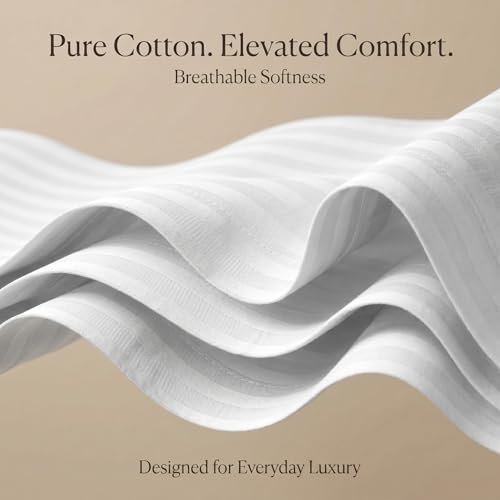 Image of Mafatlal Italian Strip King Size Bed Sheet with 2 Pillow Covers Pure Cotton | 210 TC Flat Bedsheet White | 108 x 108 Inches| Luxury & Breathable Fabric