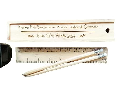 Boîte à crayons, stylos en bois gravée personnalisée avec couvercle coulissant | Cadeau Maîtresse, Maître, Atsem | "merci pour m'avoir aidé à grandir"