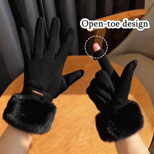 KASESSS Winterhandschuhe Damen, Thermo Handschuhe Damen Mit KunstfellbüNdchen, Handschuhe Schwarz Touchscreen Compatible Flip-Top Index Finger FüR AlltäGliche AktivitäTen Winter Gloves Geschenke
