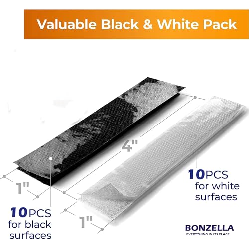 Image of BONZELLA 20pcs Self Adhesive Hook and Loop Strips Tape 1x4 Inch Mosquito net Mounting Tape For Home, Office, Carpet, Multipurpose Double Sided Hook & Loop Tape for Crafting & Hanging (Black + White, 1in X 4in)
