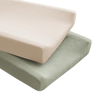 Konssy 2 Pack Muslin Changing Pad Covers for Boys, Ultra Soft & Breathable Cotton Baby Diaper Changing Table Covers, Neutral Nursery Diaper Changing Pad Sheets (Fog Green,Cream)
