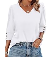 XIEERDUO Womens 3/4 Sleeve Tops with Buttons V-Neck Summer Outfits Casual Blouse Shirts Beach Vac...