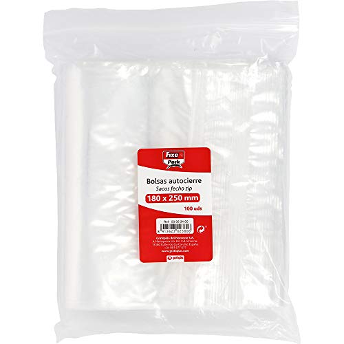 Fixo Pack - Bolsas de Autocierre, 18x25cm, Pack de 100 Unidades, Cierre en Zip Fácil Apertura y Cierre, Polietileno Transparente de 50 Micras Espesor
