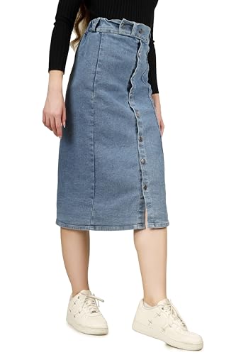 Image of Straight Stylish Comfortable Long Two Button Up Slit Dobby Denim Skirt for Women & Girls