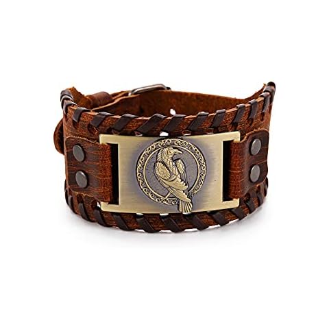 Pulsera de cuero de cuervo vikingo Odin para hombres Cover