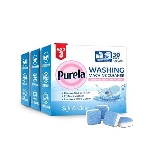 Purela Washing Machine Cleaner Tablets 90 tablet- Effervescent Descaler for Front & Top Load Machines - Removes Limescale, Odor, Mold & Detergent Residue