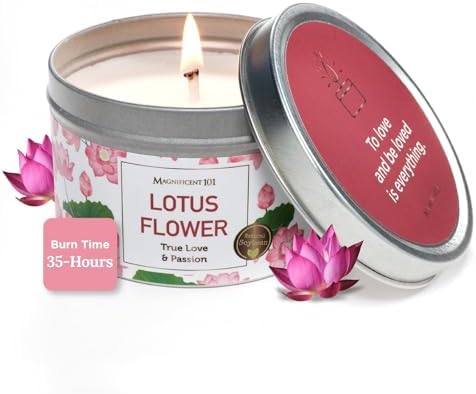 Magnificent 101 Lotus Flower Aromatherapy Candle - 6 Oz - 24 Hour Burn - Soy Wax Tin Candle for True Love & Passion, Purification, Manifestation & Chakra Healing - Lotus Scented Candle
