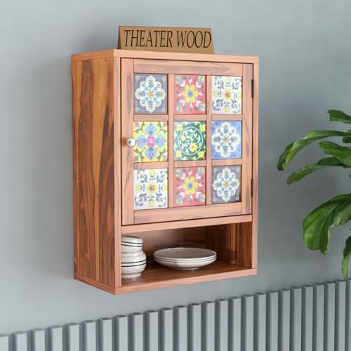 Image of Sheesham Wood Kitchen Cabinet for Home | Wall Mounted Kitchen Rack with Storage | Wooden Kitchen Unit /Organizer with 1 Door & 1 Shelf Storage (Honey Finish)