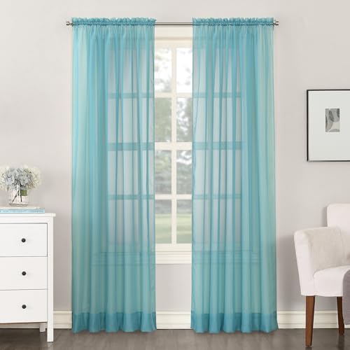 Image of No. 918 Emily Sheer Voile Rod Pocket Curtain Panel, Aegean Blue, 59 inchW x 84 inchL (1 Panel)