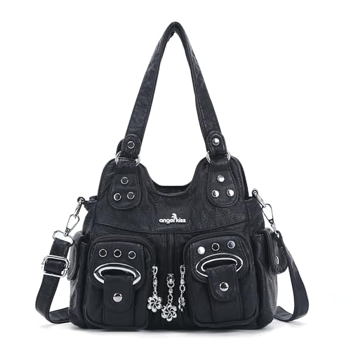 Image of Angel Kiss Small Hobo Purses for Women, Washed Vegan Leather Multi-Pocket Purse, Shoulder Handbag with Adjustable Strap