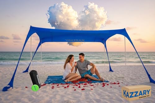 KAZZARY Beach Tent, UPF50+ 7.5x7 ft Sun Shade Canopy with Sandbags, 4 Stability Poles, Ground Pegs, Flying Disc Sand Shovel. Lightweight Sunshade Shelter, 7ft Tall for Camping Outdoor Trips and Sports