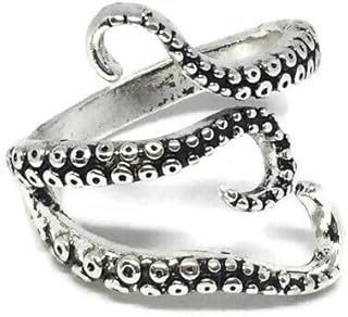 Octopus Tentacles Wraparound Ring | Silver Plated Kraken Sterling Steel Unisex Mens Womens Statement Band, Adjustable, Metal