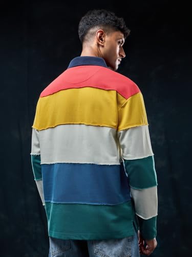 Image of The Souled Store Rugby Polo: Aurora Men and Boys Long Sleeves Polo Neck Multicolor Colour Block Cotton Polyester Oversized Drop Shoulder Comfortable Streetwear Rugby Polos