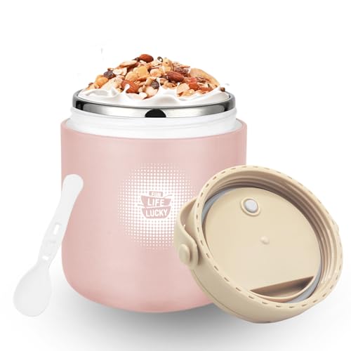 Chedin Recipiente térmico para alimentos, vaso de yogur aislado de acero inoxidable, 430 ml, a prueba de fugas, vaso de yogur para llevar con cuchara y tapa, recipiente térmico para alimentos