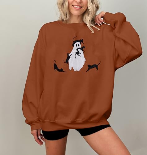 Halloween Spooky Season Sweatshirt Women: Oversized Black Cat Ghost Sweatshirts Fall Embroidered Pullover Top3