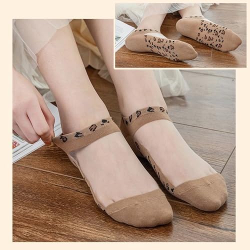 Image of Women Sheer Mesh Ankle Socks Thin Nylon Transparent Novelty Leopard Sock 5 Pack for Girls