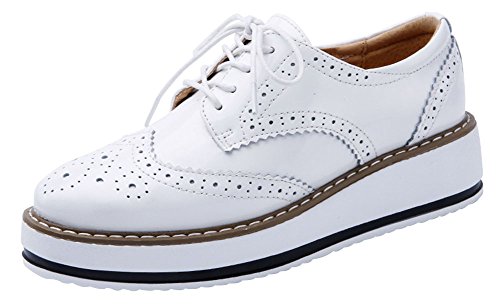 wealsex Derby Cuir Vernis Baskets Brogues Plateforme Chaussure Ville à Lacets Femme Grande Taille 39 40 41