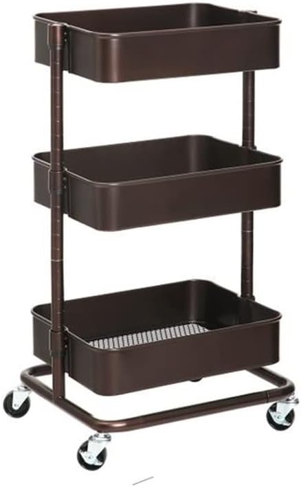 3-Tier Metal Rolling Cart, Utility Cart with Adjustable Shelves, Storage Trolley with 2 Brakes, Easy Assembly