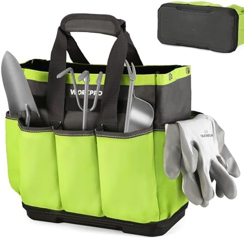 WORKPRO Garden Tool Bag with Waterproof Plastic Base, 8 Pockets Gardening Bag, Heavy Duty Oxford Garden Tote Caddy, Gardening Tool Kit Holder for Indoor and Outdoor(Tools NOT Included)