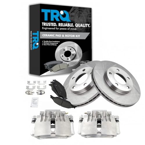 TRQ Front Brake Pad & Rotor Kit Brake Caliper Brake Pads Brake Rotor Ceramic Vented Compatible with 1999-2002 Ford Mustang
