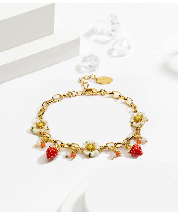Fruit Strawberry And White Flower Enamel Charm Bracelet Jewelry Gift4