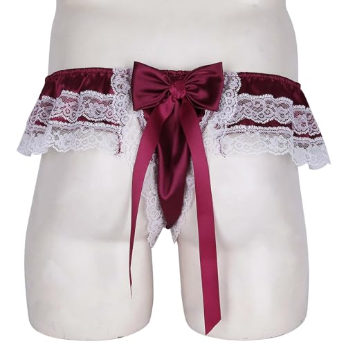 Satin Panties for Men Lace Thong Underwear Crossdressers Pouch Briefs with Back Bow Sexy Sissy Lingerie3