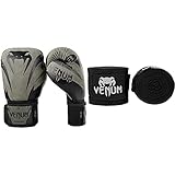 Venum Unisex – Erwachsene Impact Boxhandschuhe, Kaki/Schwarz, 12 oz & Erwachsene Bänder Kontact Handgelenk und Armschoner, Schwarz, 2,5m