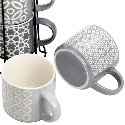 Image of Hiceeden Set of 4 Coffee Mugs with Metal Stand, 15 oz Stackable Espresso Cups Ceramic Coffee Mugs for Cocoa, Latte, Americano, Cappuccinos or Beverages