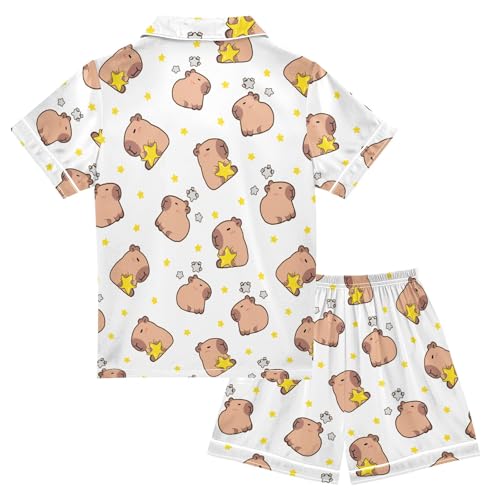 Capybara with Stars Blue Pattern Summer Satin Pajama Set, Cute Button-Down Sleepwear Pj Set for Sleep Wears2