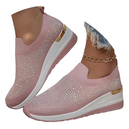 ticticlily Damen Sneakers Glitzer Slip On Sportschuhe Laufschuhe Freizeitschuhe mit Keilabsatz A Rosa 42 EU