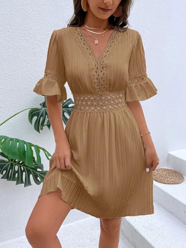 Image of Womens Summer Dresses V-Neck Lace Insert Flounce Casual Lightweight Sleeve Midi Dresses for Women 2025 Trendy