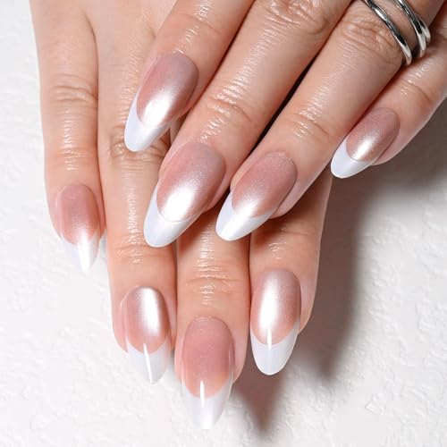 evpct Brown Cat Eye White French Tip Press on Nails Almond Medium No Glue