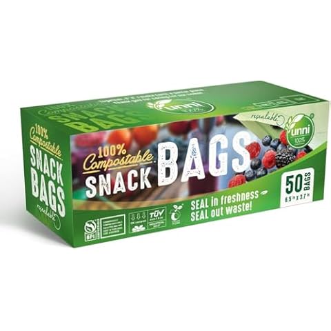 UNNI Compostable Snack Bags, Resealable Compostable Food Storage Bags, 500 Count, 6.5 x 3.7 inches, Earth Friendly Highest ASTM D6400, US BPI, CMA & Europe OK Compost Certified, San Francisco Cover