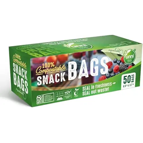 UNNI Compostable Snack Bags, Resealable Compostable Food Storage Bags, 500 Count, 6.5 x 3.7 inches, Earth Friendly Highest ASTM D6400, US BPI, CMA & Europe OK Compost Certified, San Francisco Cover