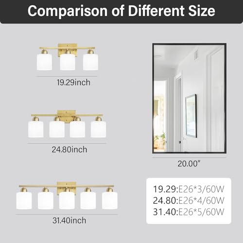 Image of 4 Light Gold Light Fixture Bathroom, Brushed Gold Vanity Light with Milky White Frosted Glass Shades, Lights for Bathroom Mirror for Living Room Bedroom Hallway E26 Base