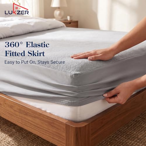 Image of Lukzer Waterproof Mattress Protector Grey King Size 72 x 72 Inches (6 x 6 ft) Ultra Soft Terry Cotton Feel Fabric with Elastic Skirting Hypoallergenic and Breathable Mattress Cover