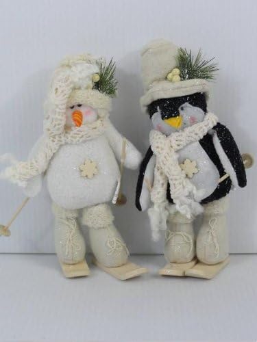 Christmas Decor 2pc 8" Inch Stuffed Fabric Skiing Snowman & Penguin Ornament AT28552BD-S & AT28552BD-P