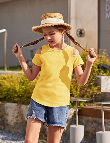 Greatchy Girl's Casual Big Kids Short Sleeve Summer Cute Plain Cotton Casual Tees Shirt Tops With Cold Shoulder #TOP3