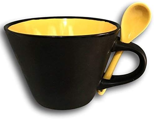 Contemporary Mug Soup Coffee Tea TwoTone Cup with Attaching Spoon Home Dining Kitchen Ceramic Mugs Cups Yellow 12 Ounce