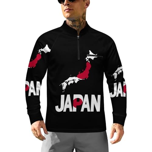 Japan Map Flag and Text Men's Rash Guard Long Sleeves Quick Dry Fishing Workout Shirts with Zipper