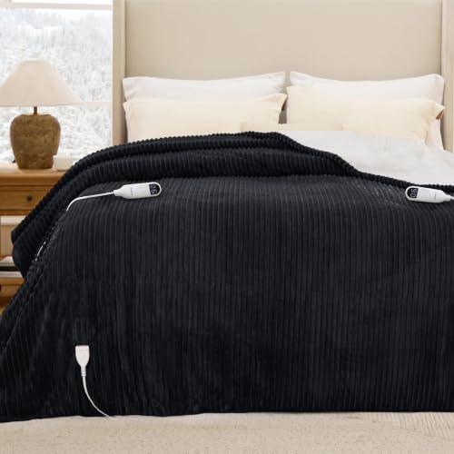 Image of Bedsure Ribbed Electric Blanket Queen, Black Heated Blanket, Preheat | Fast Heating, Dual Control, 6 Heat & 6 Timer (Up to 10H) Settings, 8 Hours Auto-Off, ETL & FCC, Gifts for Grandma, 84 inchx90 inch