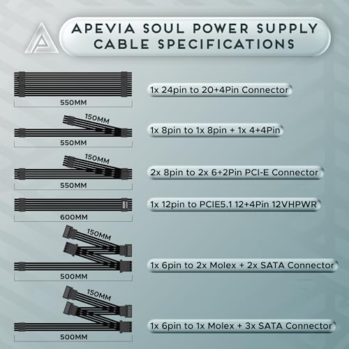 Image of Apevia ATX-SL850W Soul 850W Fully Modular Power Supply ATX 3.0 & 3.1 Compatible, PCIe 5.1 12V-2x6 Connector ATX Active PFC, DC to DC Converter Design, 140mm Silent Fan, RoHS Compliance | Fully Modular PSU, ATX 3.1 PCIE5.1 Ready, 12VHPWR Cable Included, Active PFC, 140mm Auto Thermal Fan, Heavy Duty Protections