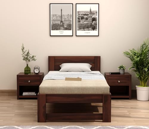 Image of BM WOOD FURNITURE Solid Sheesham Wood Single Bed Without Storage - Elegant and Functional Bedroom Furniture (Walnut Finish)