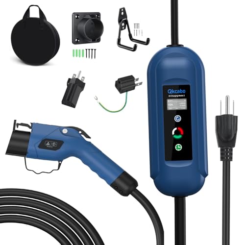 Qkcabo 電気自動車 充電ケーブル 、100V-240V 8A/10A/13A/15A 電流調整可能の家庭用自動車充電ガンSAE J1772急速PHEV充電ケーブル付き、電気自動車用ポータブルEV充電器 5メートルのサムネイル